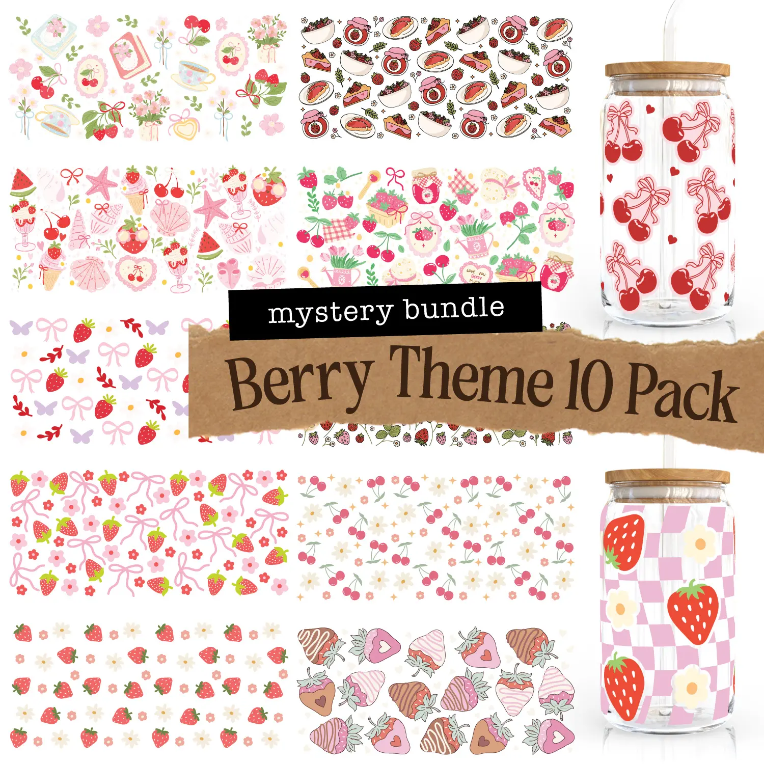Berry Theme 10 UV DTF Cup Wrap Mystery Pack Double Sided Print for 16oz Glass Cup Decoration Spring Bulk Wraps with Strawberry Blueberry Raspberry & Cherry Patterns