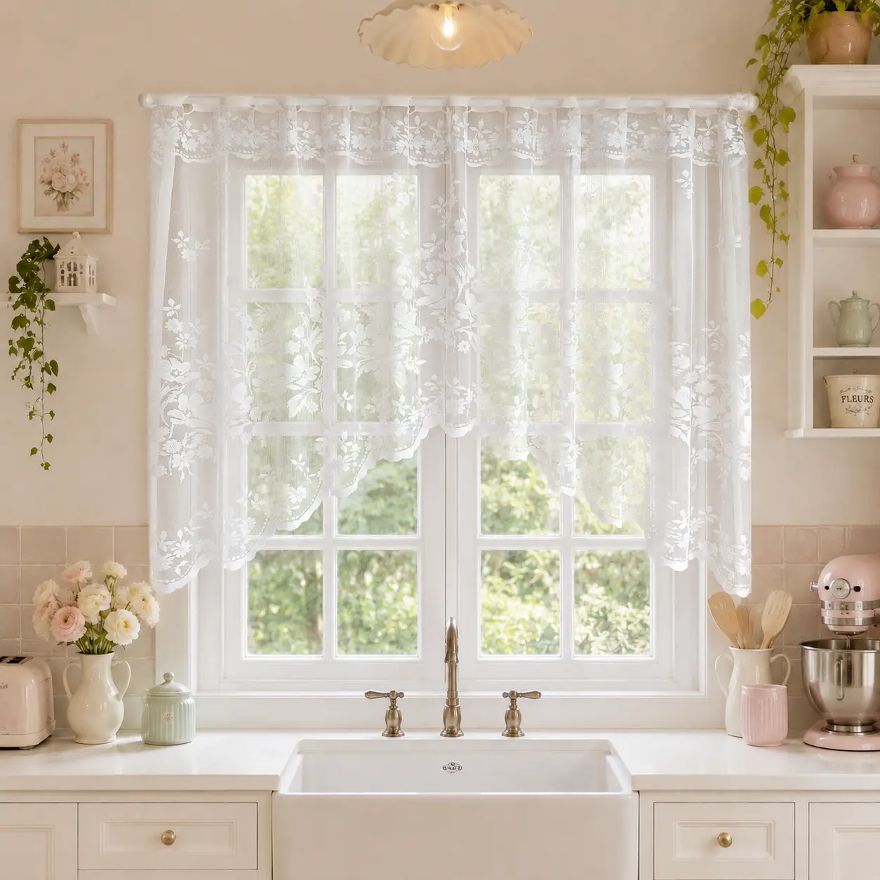 Floral White Lace Curtain Cottage Farmhouse Style- Rod Pocket Kitchen Curtain, 1 Panel  Lace Cafe Curtain Valances for Small Windows, Doorways/Kitchens House Decor Aesthetic Home Decor