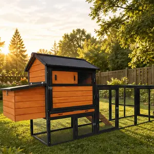 Large Solid Fir Wood Chicken Coop - Outdoor Hen House with Run, Nesting Box, Waterproof Anti-UV Panels - Backyard Farm Animal Shelter, Poultry Cage, Rabbit Hutch - Brown/Black Color Options, 60.61 lb Weight, 25.48" W X 114.06" D X 42.32" H