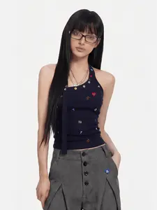 Aelfric Eden Asymmetric Halter Top Colorful Number & Heart Embroidery Slim Fit Stretch Rib Knit Casual Streetwear Women's Top, Strap, Spandex
