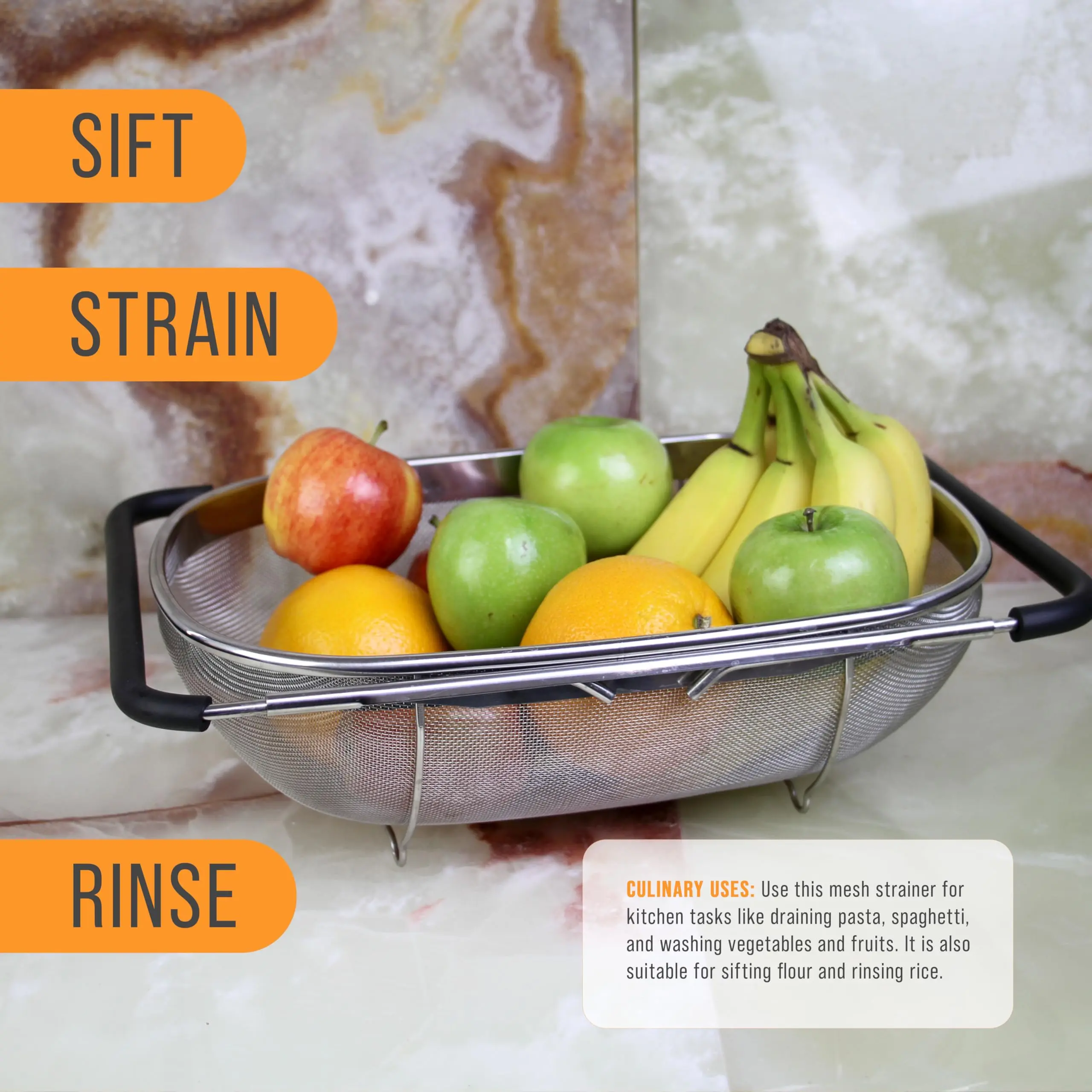 6-Qt Rectangular Collapsible Stainless Steel Colander, Fine Mesh Sieve with Expandable Rubber Handles, Multi-Purpose Strainer for Draining & Straining