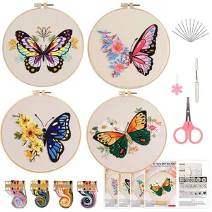 4pcs Embroidery Kit for Beginners Adults Pre-Stamped Butterfly & Floral Designs with Fabric Hoop Threads Needles All-Inclusive Starter Set for Stress Relief & DIY Craft Projects Table Painting Hanging Picture With Hoop
