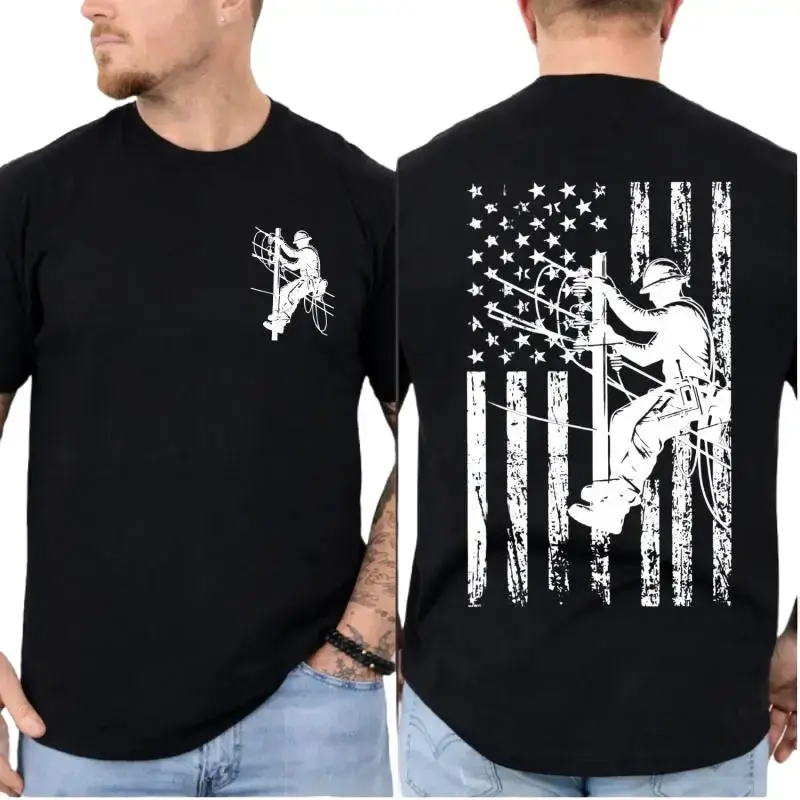 Lineman American Flag Graphic Tee – 2-Sided 100% Cotton Utility Worker Shirt for Electricians & Blue Collar Men, Casual Everyday Workwear Gift for Husband