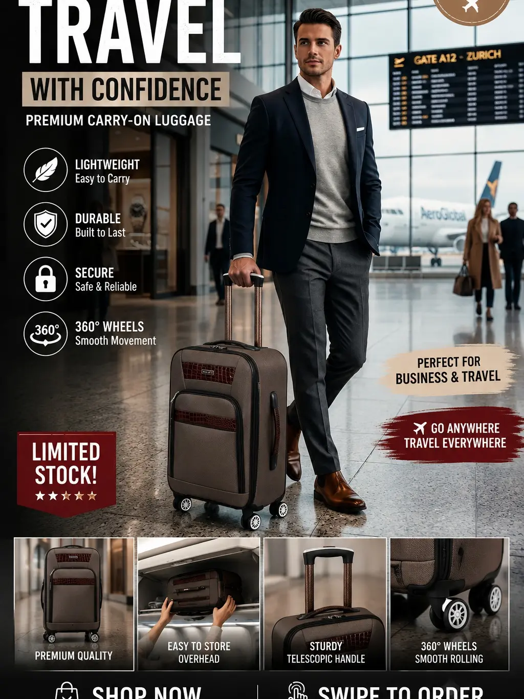24-inch Upright Carry-On Luggage, Lightweight Hard-Shell Suitcase for Air Travel