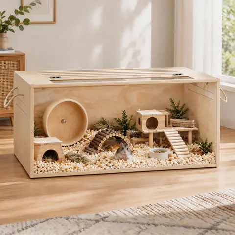 TSYPAIRS 32" Wood Hamster Cage, Spacious Small Animal Habitat with Openable Top, Clear Acrylic Panels, Chewproof Finish for Hamsters, Guinea Pigs & More