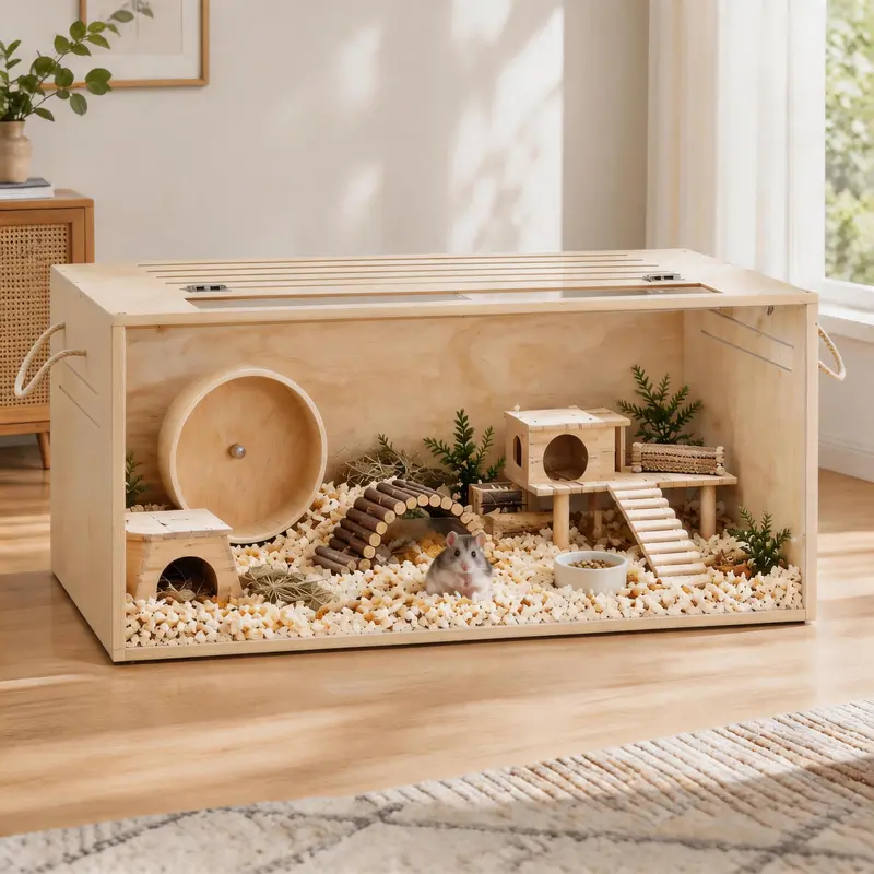 TSYPAIRS 32" Wood Hamster Cage, Spacious Small Animal Habitat with Openable Top, Clear Acrylic Panels, Chewproof Finish for Hamsters, Guinea Pigs & More