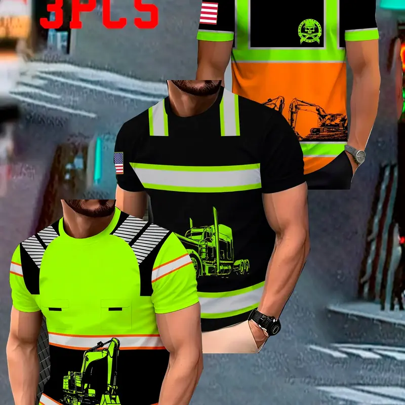 Men's 3-Pack Reflective Safety Workwear T-Shirts, Short-Sleeve Crew Neck, Quick-Dry Breathable Construction Shirts, Mixed Colors, Safety Gear, Great Gift for Workers
