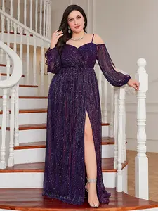 Plus Size Thin Strap Cut Out Long Sleeve Sparkle Mini Dress High Slit Evening Prom Party Gown, Elegant Lady Women's Formal Wear Womenswear