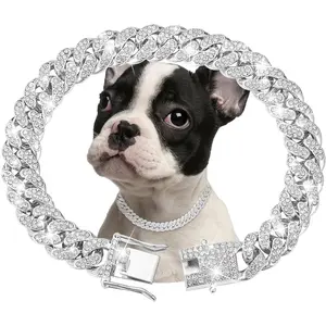 Silver Dog Chain Collar Diamond Cuban Link Dog Collar 13mm Wide Dog Necklace Metal Cat Chain Pet Crystal Collar Jewelry Accessories for Small Medium Large Dogs Cats(10inch)