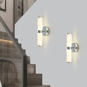 Set of 2 Resin Imitation Marble Wall Sconces Chrome Metal Frame Cylindrical LED Accent Lamp for Bathroom Hallway Bedroom Living Room 13.8 Inch Modern Decorative Light