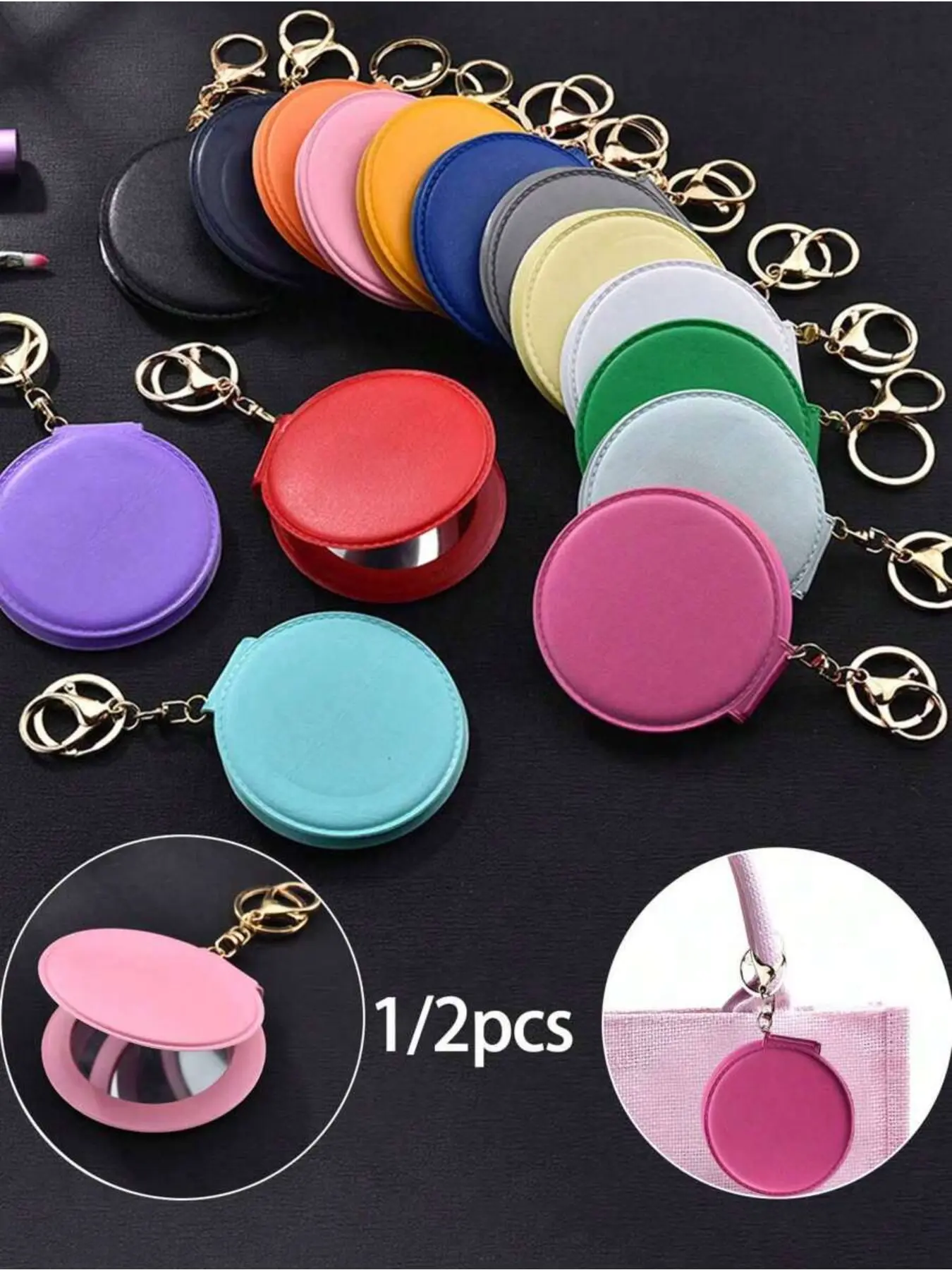 Candy Color Makeup Mirror, Leather Small Round Mirror, Portable Folding Makeup Mirror, Keychain, Dual-Sided Bag Charm, Fashion Party Gift, Travel Souvenir