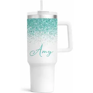 Personalized 40oz Tumbler With Handle and Straw | Stainless Steel Insulated Tumbler | Travel Mug | Double Wall Coffee Cup for Hot and Cold Drinks | Teal Glitter Effect with Name