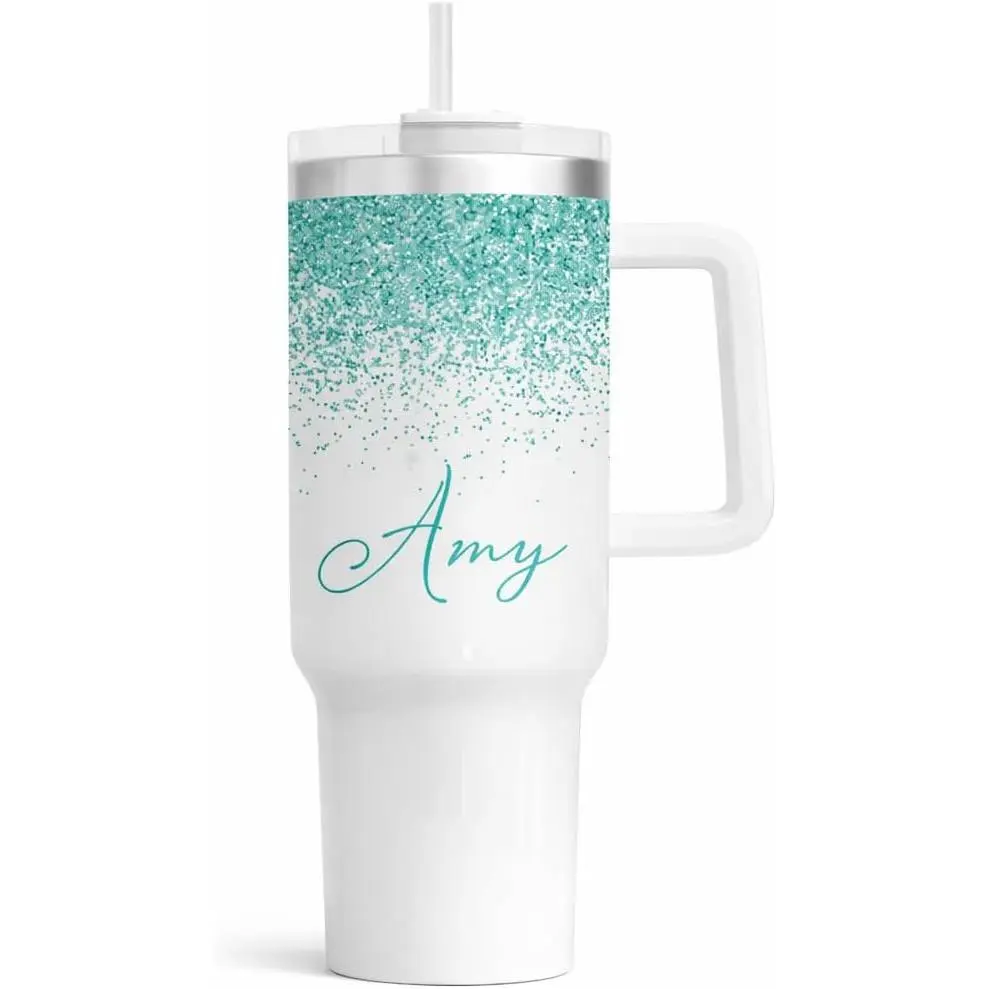 Personalized 40oz Tumbler With Handle and Straw | Stainless Steel Insulated Tumbler | Travel Mug | Double Wall Coffee Cup for Hot and Cold Drinks | Teal Glitter Effect with Name