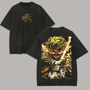 Agatsuma Zenitsu Demon Slayer Graphic T Shirt Vintage Washed Cotton Unisex Oversized Loose Fit Crew Neck Short Sleeve Harajuku Anime Manga Streetwear Casual Daily Wear Trendy Valentine Fashion Top for Adult Male Anime Otaku Fans