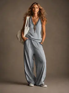2 Piece Sets Women Summer Outfit – Sleeveless V Neck Tank Top & Wide Leg Pants, Comfy Loose Lounge Set, Flowy Travel Airport Outfit, Minimal Chic Matching Set