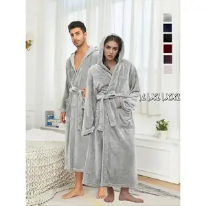 Couple's Solid Belted Hooded Flannel Robe, Casual Long Sleeve Pocket Design Bathrobe, Warm Comfy Couple Sleepwear for Fall & Winter