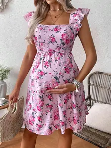 MaterniRIO Maternity Floral Print Dress With Floral Flounce Sleeves