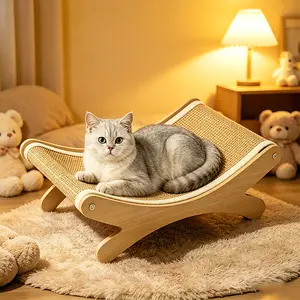 Multi-Functional Pet Record Rocker Bed, Medium-Size Natural Wood Frame, Tear-Resistant Natural Sisal-Jute Scratching Board, Indoor Cat Furniture Saver for Scratching & Relaxing,summervibes