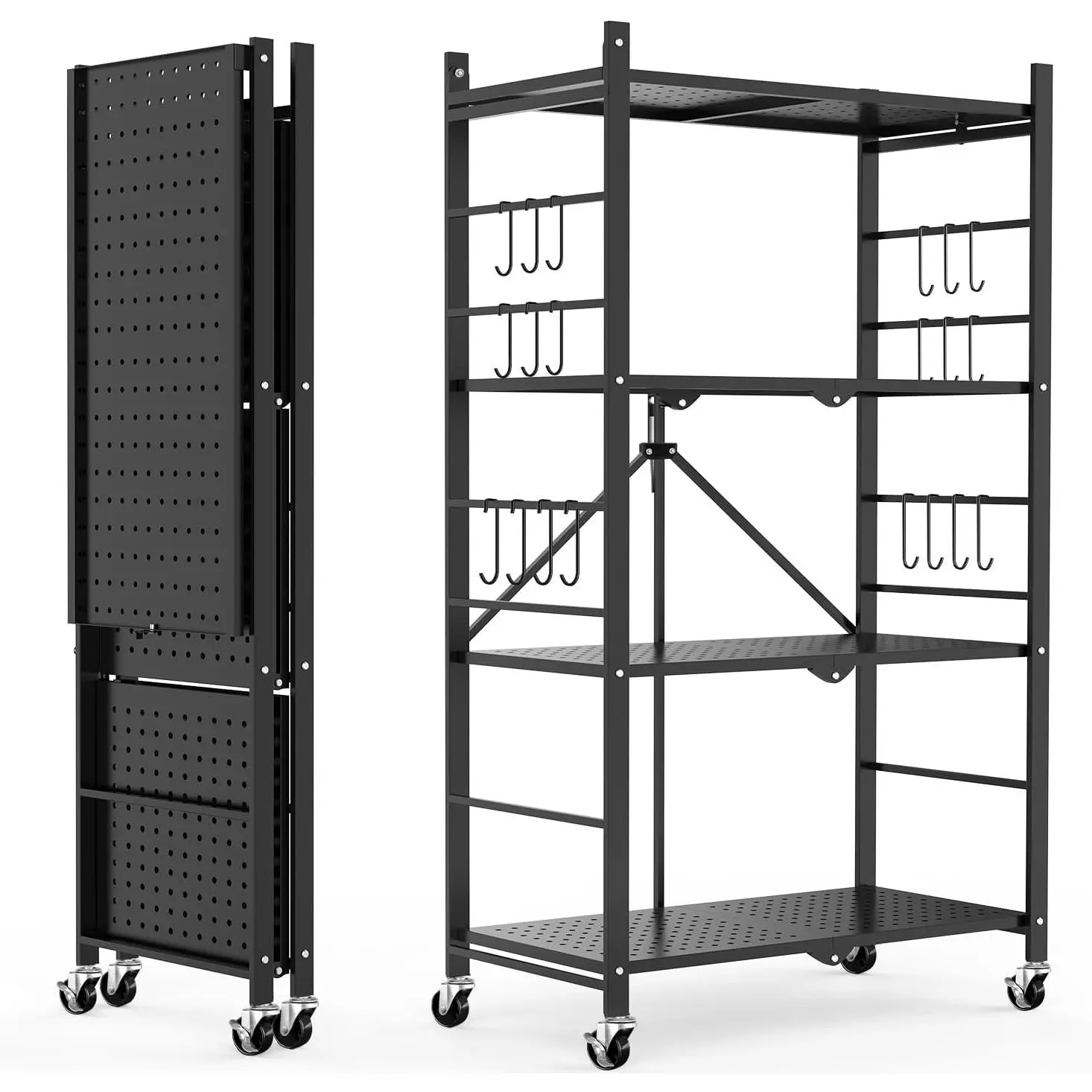 Storage Shelves with 20 Hooks, 4-Tier Foldable Shelves for Storage, Folding Shelf Unit Pantry Shelves with Wheels, Metal Shelving Storage Rack Shelf for Kitchen Garage Home, Black - No Assembly