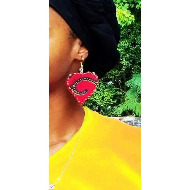 Red African Print Heart Earrings-DP3815ER3