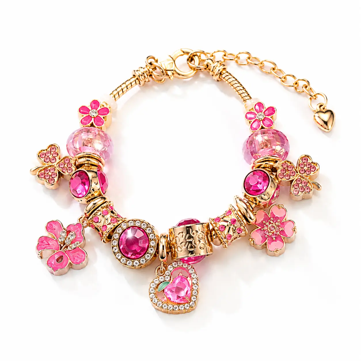 Pink Charm Bracelet for Women, Flower & Butterfly Crystal Beaded Bracelet, Cute Aesthetic Jewelry, Trendy Fashion Bracelet, Birthday Gift for Her