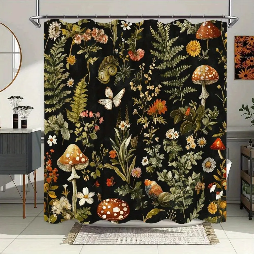1pc floral mushroom pattern decorative shower curtain, Bathroom Accessory, perfect for bathroom decoration, partition, beautify the space, durable polyester material, easy to clean, machine washable, multiple sizes available, free hook, Charming Pattern