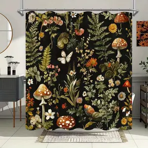 1pc floral mushroom pattern shower curtain, perfect for bathroom decoration, partition, beautify the space, durable polyester material, easy to clean, machine washable, multiple sizes available, free hook