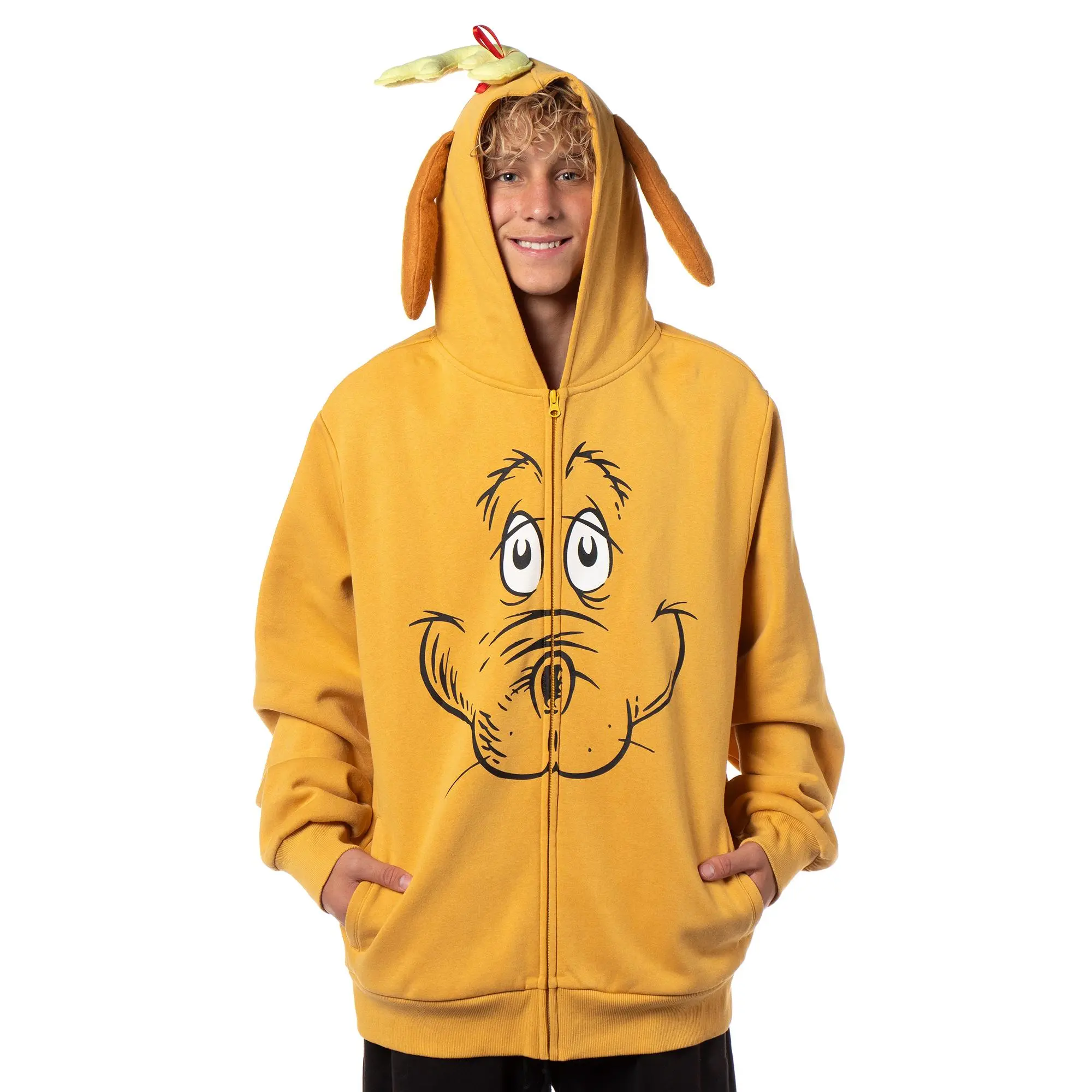 Dr. Seuss' The Grinch Menswear Max the Dog Casual Zip-Up Hoodie, Soft Cotton Blend Christmas Tops with 3D Ears and Antler Hood, Love, Festive, Longsleeves