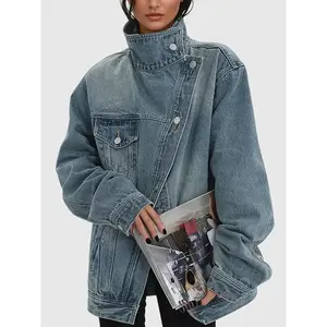 Women’s vintage washed high-neck asymmetric button loose denim jacket, street-style trendy versatile jacket top, suitable for spring, autumn, and winter seasons