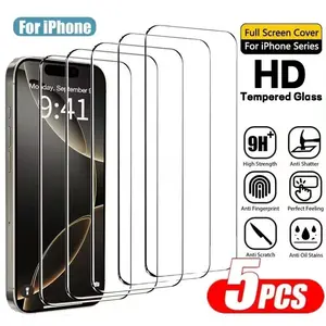 5pcs HD Screen Protectors Compatible with iPhone 17/16/15/14/13/12/11/Pro Max/Pro/Plus/Mini/17 Air/16e/X/XS/XR/XS MAX,Full Coverage Protection,Offering High-Definition,Features Upgraded 9H Hardness,Scratch Resistance, Accessories