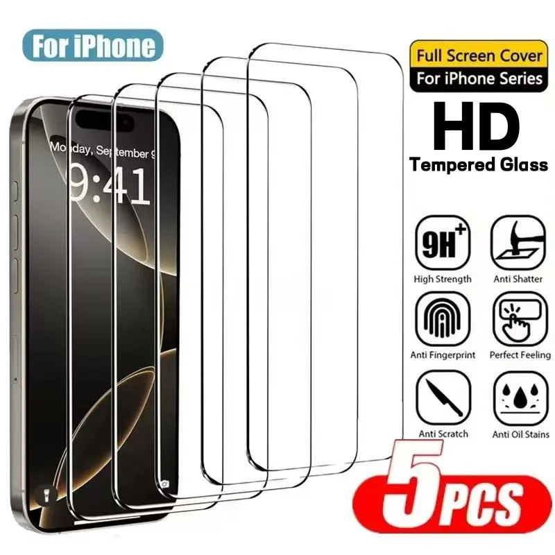 5pcs HD Screen Protectors, Tempered Screen Film Compatible with iPhone 17/16/15/14/13/12/11/Pro Max/Pro/Plus/Mini/X/XS/XR, Full Coverage Protection, High-Definition, Features Upgraded 9H Hardness, Scratch Resistance, Protective Accessories