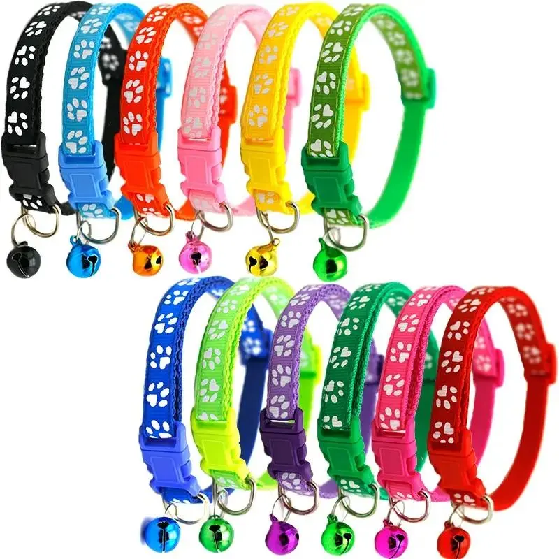 Adjustable Durable Pet Collar with Bell, 12pcs/set Cute Paw Print Pet Collar with Safety Buckle, Pet Supplies for Small Medium Dogs & Cats