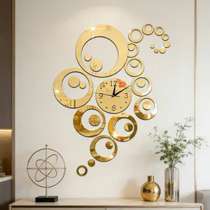 48PCS， Golden hollow circular acrylic mirror wall sticker, suitable for home decoration, living room, bathroom, bedroom background wall decoration, home decoration lintel decoration, DIY detachable wall sticker