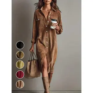 Women’s fashionable casual loose corduroy dress with double chest pockets, single-button long sleeves, and a mid-length skirt; comfortable for everyday wear. GARMENTARY
