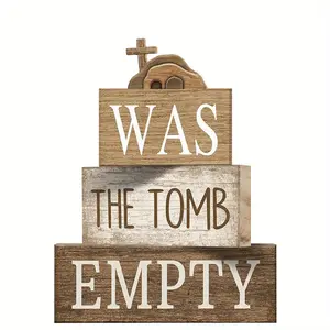 4 Pcs He Is Risen Easter Tiered Tray Decorations Resurrection Christian Wood Blocks with Cross, Dove, Lily Religious Farmhouse Table Decor for Spring, Holy Week, Easter Display