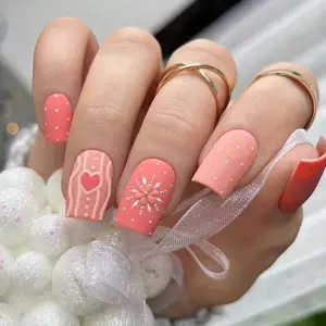 Lover False Nail Tips Heart & Snowflake Mix Reusable Medium Long Square Nails 24pcs Set, Stylish Manicure Accessories
