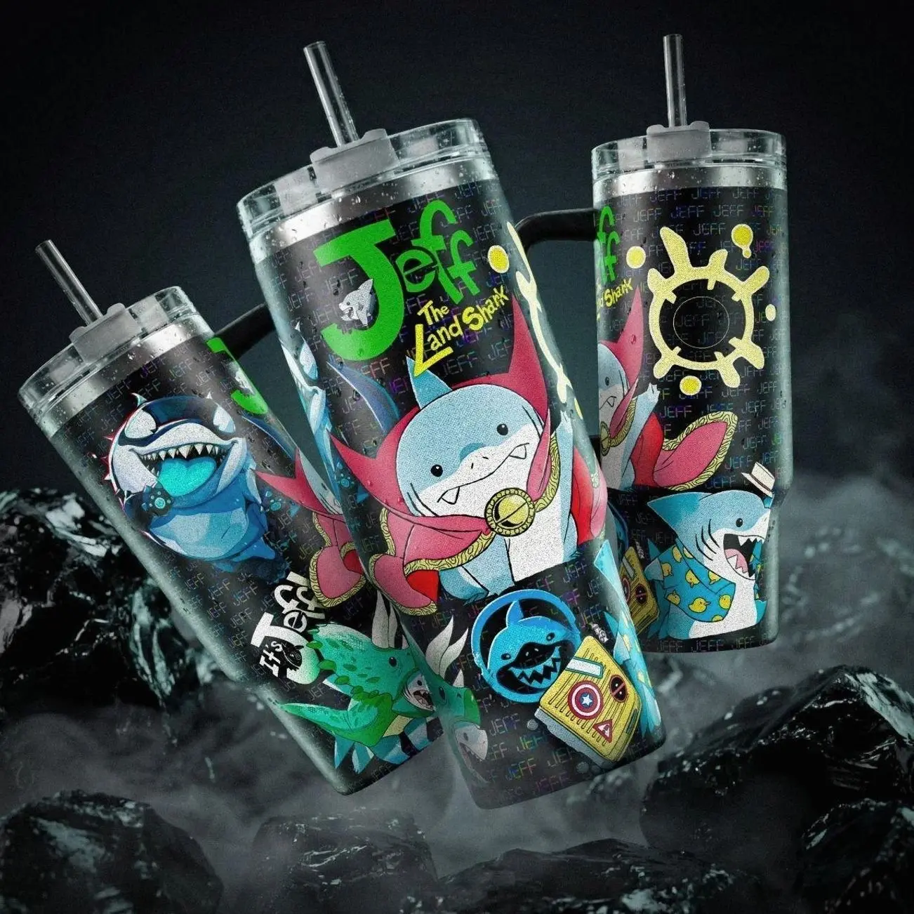 Jeff The Land Shark MV Rivals 40oz Tumbler Green Text Pattern Design Vacuum Insulated Stainless Steel Cup with Comfort Handle & Leak-Proof Straw Hot Cold Beverage Container for Superhero Fans Birthday Gift for Game Lovers Valentine's Day