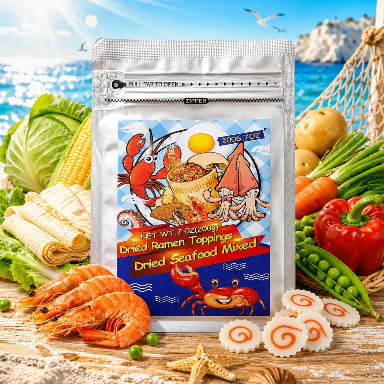 7oz 11-in-1 Seafood & Veggie Dried Snack Ramen Toppings - Dried Shrimp, Imitation Crab Sticks, Narutomaki, Tofu Skin, Vegetables for Instant Ramen, Hot Pot, Office Lunch