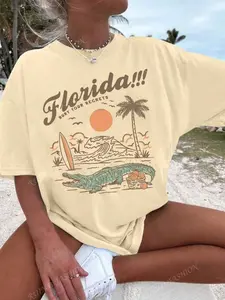 Trendy Y2K Florida Graphic Oversized Baggy Comfy T-Shirt for Women, Vintage Alligator Print Casual Tee, Soft Summer Beach Vacation Retro Streetwear Tops for Daily & Holiday Wear #GraphicTee #OversizedTee #Y2KStyle#SummerFashion