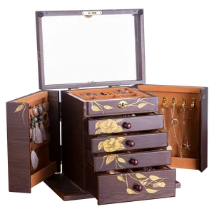 Xloverise Wooden Jewelry Box for Women, 5-Layer Large Wood Jewelry Boxes & Organizer with Drawers for Rings Necklaces,Hand-painted rose flowers jewelry case organizer,jewelry safe