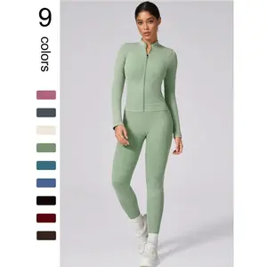 Women’s plain tracksuit set featuring a sports zip-up crop jacket and high-waisted leggings; ladies’ spring and autumn clothing; gym wear; yoga workout activewear