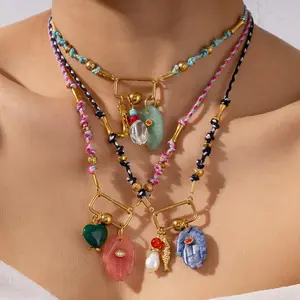 Women's Long Hand-Woven Color Rope Stone Bead Necklace with Natural Stone Palm Eye Pendant, Ideal for Birthday Gifts and Party Outfits, Natural Stones Necklaces