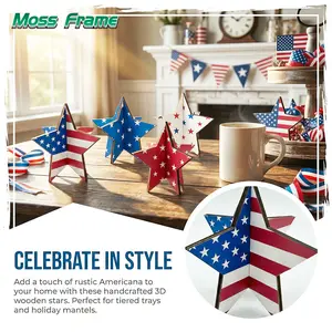 Retro Wooden 3D Five-Pointed Star Ornament — Independence Day-Themed American Vintage Wooden 3D Star Decoration featuring Star-Spangled Banner and U.S. Flag Elements