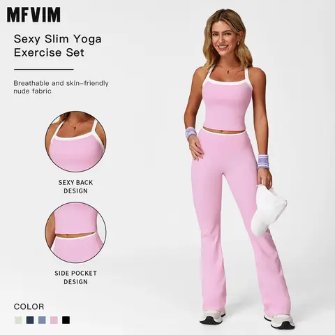 Women's 2-Piece Color Block Athletic Activewear Tracksuits by MFVIM - Synthetic Bra Top, Flared Leggings Pants for Yoga, Gym Fitness, Casual Sportswear, Workout Running Clothes