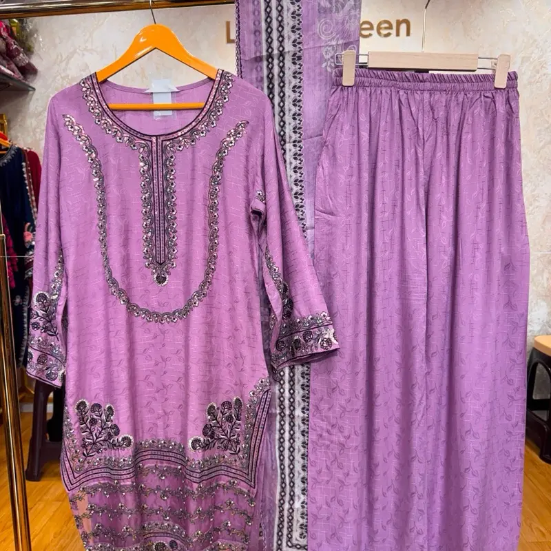 3-Piece Pakistani Designer Pants & Top Set, Lavender Color, Heavy Embroidery with Sequins on Kurta and Dupatta