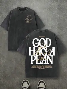 Men's Vintage Washed Distressed Cotton Tee, Dual-Sided Print, God Has His Plan Letter Design, Casual Street Style, Loose Fit Short Shirt, Streetwear