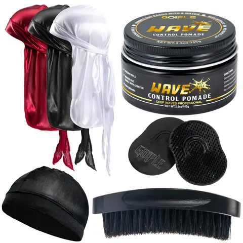 Goiple Men's 360 Waves Pomade Hair Care Training Kit, Mensfashion Silky Shine Strong Hold Easy-Wash Set with Curved Synthetic Brush & Comfortable Durag Cap