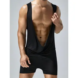 Men Tank Bodysuit Solid Color Low Cowl Neck Sleeveless Shorts Jumpsuit for Loungewear Sportswear