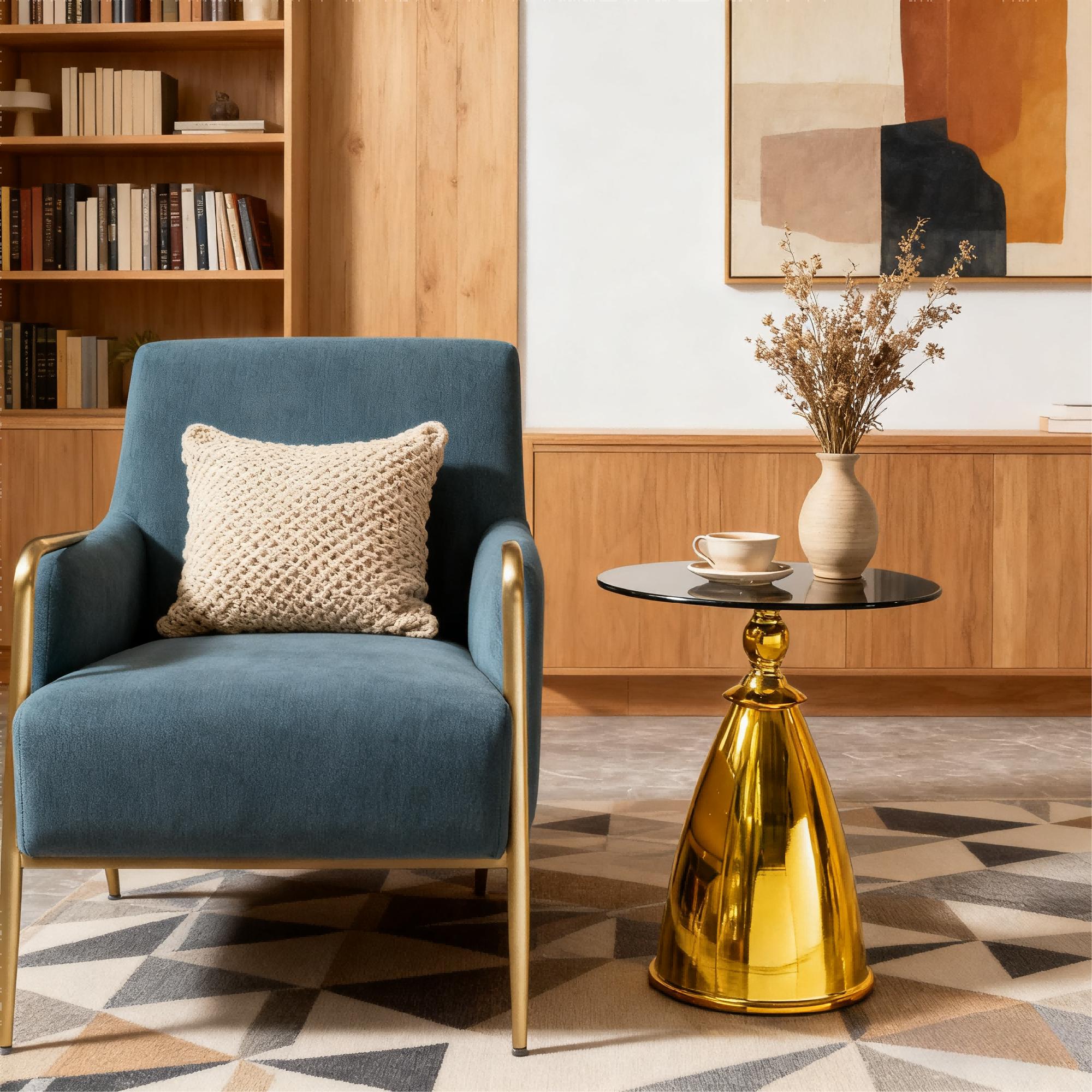 Round Side Table With Glass Top,Modern Gold End Table with Carbon Steel Base,17''Glass Table for Living Room,Small Table for Small Place,Golden Balcony Table for Tea,Circle Sofa Table Glass,for Bedroom/Couch,Living Room Table Office Apartment Home