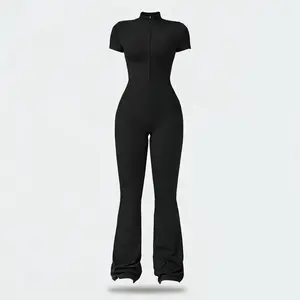 Women's summer zip-up, skin-feel short-sleeve bodysuit, breathable and skin-friendly with a slim-fit cut and hip-lifting design, ideal for yoga, Pilates, and fitness